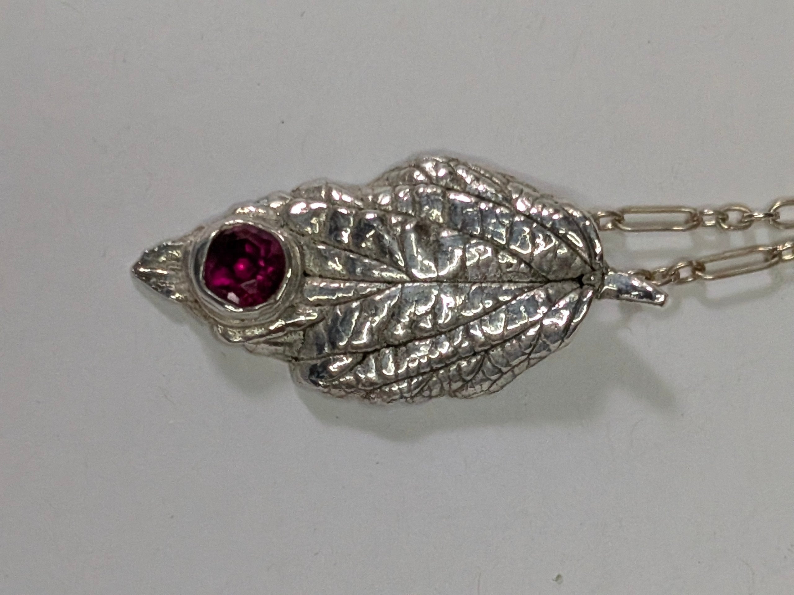 Leaf with Garnet on Sterling Silver Chain