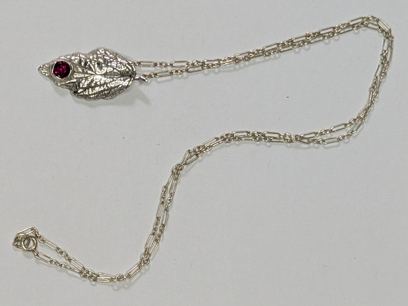 Leaf with Garnet on Sterling Silver Chain
